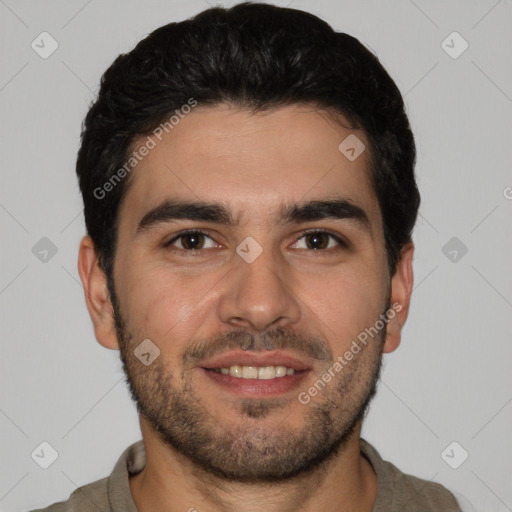 Joyful white young-adult male with short  black hair and brown eyes