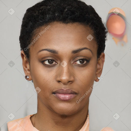 Neutral black young-adult female with short  brown hair and brown eyes