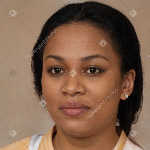 Joyful latino young-adult female with medium  brown hair and brown eyes