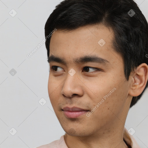 Neutral asian young-adult male with short  black hair and brown eyes