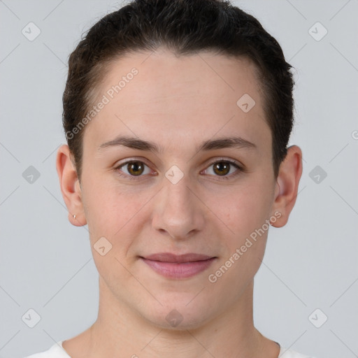 Joyful white young-adult female with short  brown hair and brown eyes