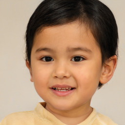 Joyful white child female with short  brown hair and brown eyes