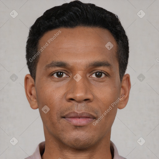 Neutral black young-adult male with short  black hair and brown eyes