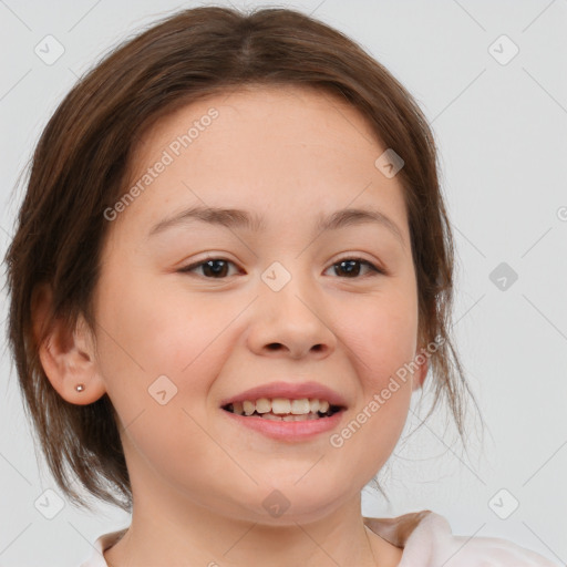 Joyful white child female with medium  brown hair and brown eyes