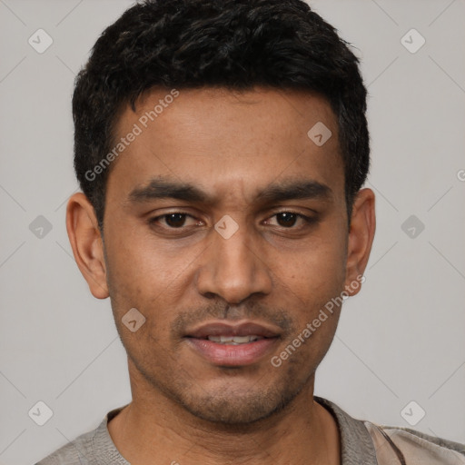 Neutral latino young-adult male with short  black hair and brown eyes