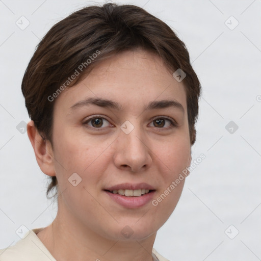 Joyful white young-adult female with short  brown hair and grey eyes