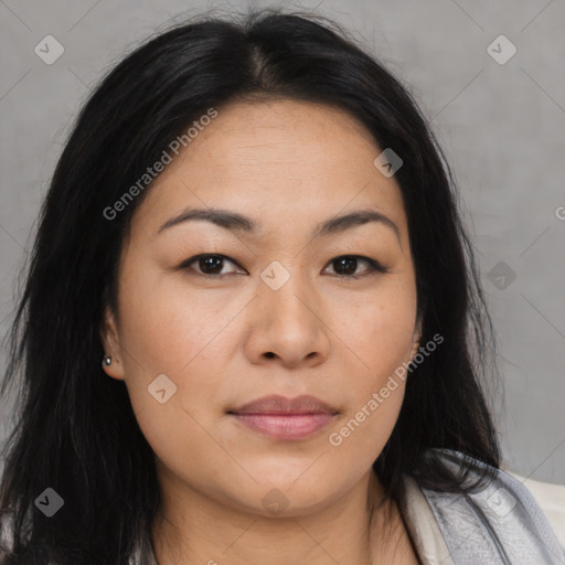 Joyful asian young-adult female with long  brown hair and brown eyes