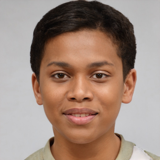 Joyful black young-adult male with short  brown hair and brown eyes