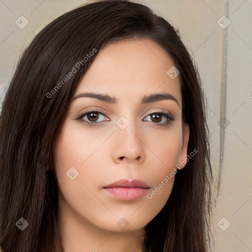 Neutral white young-adult female with long  brown hair and brown eyes