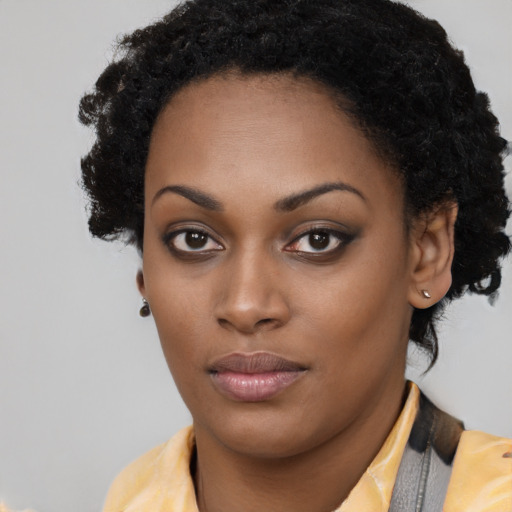 Neutral latino young-adult female with short  brown hair and brown eyes