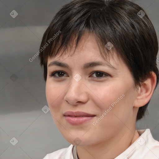 Joyful white young-adult female with medium  brown hair and brown eyes