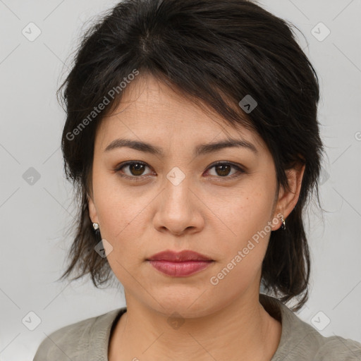 Neutral asian young-adult female with medium  brown hair and brown eyes