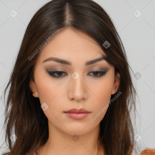 Neutral asian young-adult female with long  brown hair and brown eyes