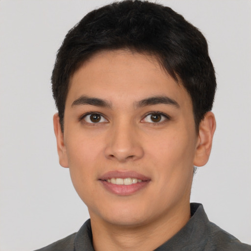 Joyful asian young-adult male with short  brown hair and brown eyes