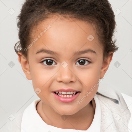 Joyful white child female with short  brown hair and brown eyes