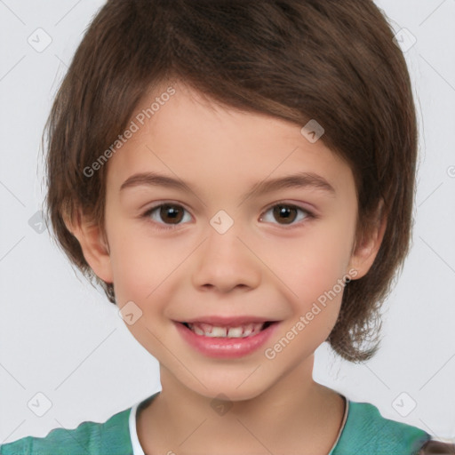 Joyful white child female with medium  brown hair and brown eyes