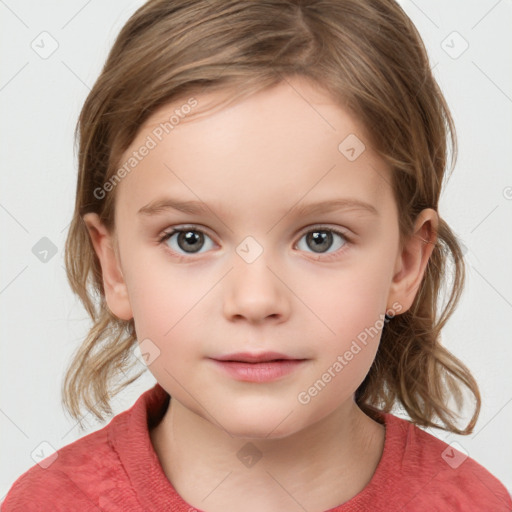 Neutral white child female with medium  brown hair and grey eyes