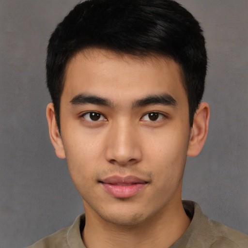 Neutral asian young-adult male with short  brown hair and brown eyes