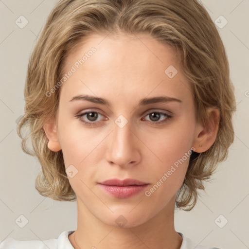 Neutral white young-adult female with medium  brown hair and brown eyes