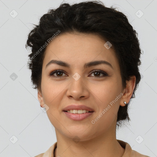 Joyful latino young-adult female with short  brown hair and brown eyes