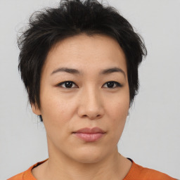 Neutral asian young-adult female with short  brown hair and brown eyes