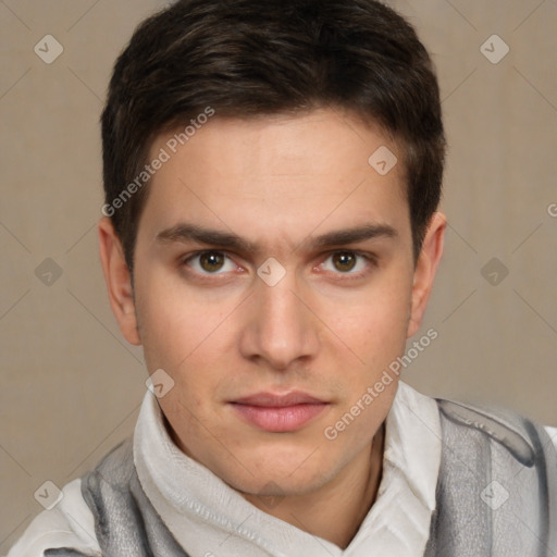 Neutral white young-adult male with short  brown hair and brown eyes