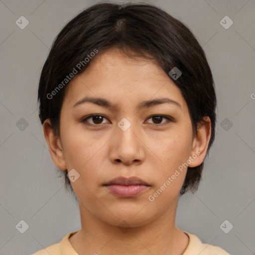 Neutral asian young-adult female with medium  brown hair and brown eyes