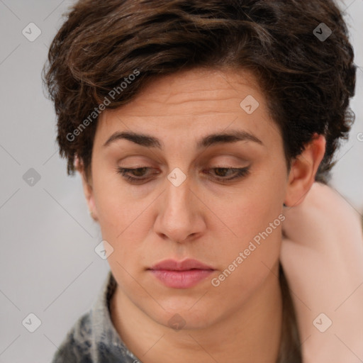 Neutral white adult female with medium  brown hair and brown eyes