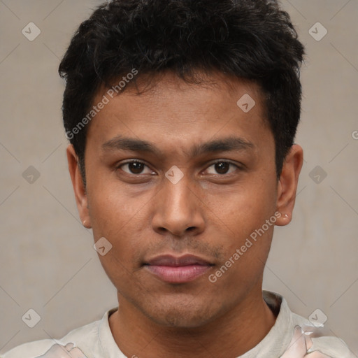 Neutral latino young-adult male with short  black hair and brown eyes