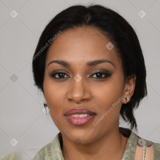 Joyful black young-adult female with medium  black hair and brown eyes