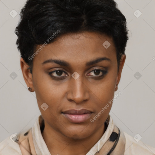 Joyful latino young-adult female with short  brown hair and brown eyes