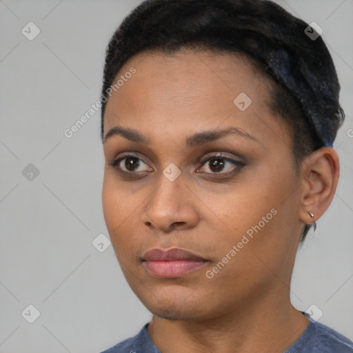Neutral black young-adult female with short  black hair and brown eyes