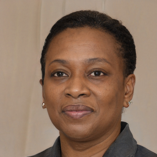 Joyful black adult female with short  black hair and brown eyes
