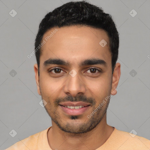 Joyful latino young-adult male with short  black hair and brown eyes