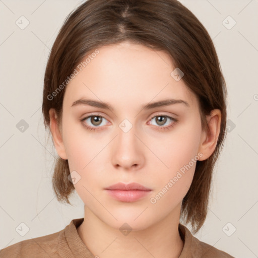 Neutral white young-adult female with medium  brown hair and brown eyes