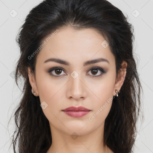 Neutral asian young-adult female with long  brown hair and brown eyes