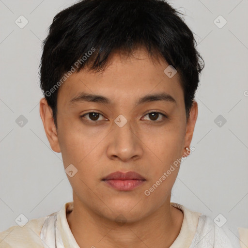 Neutral asian young-adult male with short  brown hair and brown eyes
