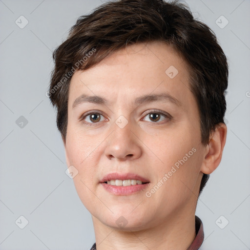 Joyful white young-adult female with short  brown hair and brown eyes