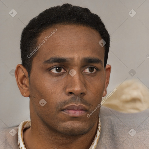 Neutral black young-adult male with short  black hair and brown eyes