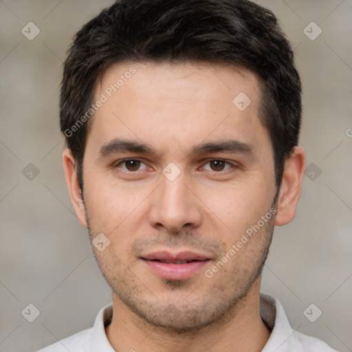 Neutral white young-adult male with short  black hair and brown eyes