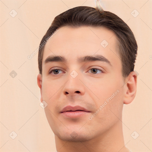 Neutral white young-adult male with short  brown hair and brown eyes