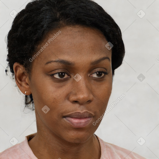 Neutral black young-adult female with short  black hair and brown eyes