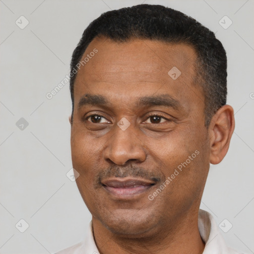 Joyful latino adult male with short  black hair and brown eyes