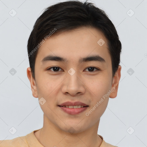 Joyful asian young-adult male with short  brown hair and brown eyes