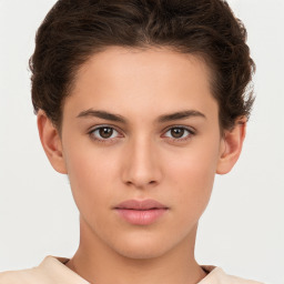 Neutral white young-adult female with short  brown hair and brown eyes