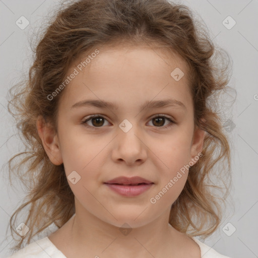 Joyful white child female with medium  brown hair and brown eyes