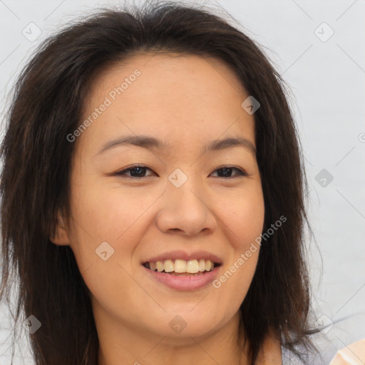 Joyful white young-adult female with medium  brown hair and brown eyes