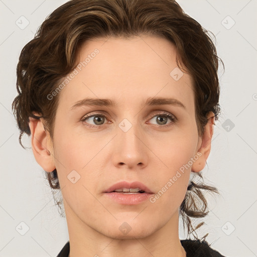 Neutral white young-adult female with medium  brown hair and brown eyes