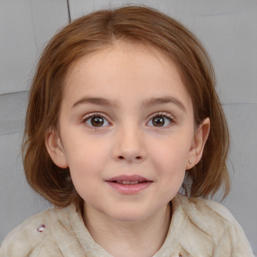 Neutral white child female with medium  brown hair and blue eyes