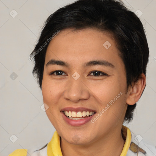 Joyful white young-adult female with medium  brown hair and brown eyes
